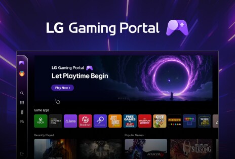 LG Gaming Portal home interface features a colorful design, displaying a selection of games and gaming services available on LG TV, along with the LG Gaming Portal branding banner at the top.