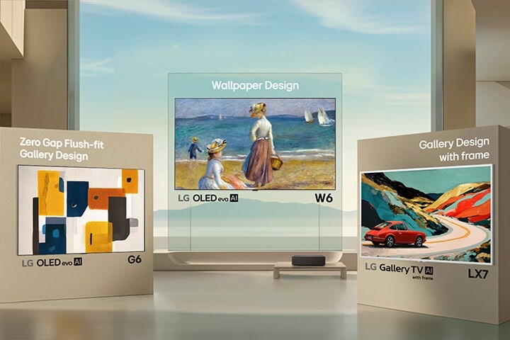 LG Gallery TV displayed in a cozy living room, featuring a slim white TV frame and showcasing artwork on screen, blending seamlessly into the interior like a framed gallery piece.