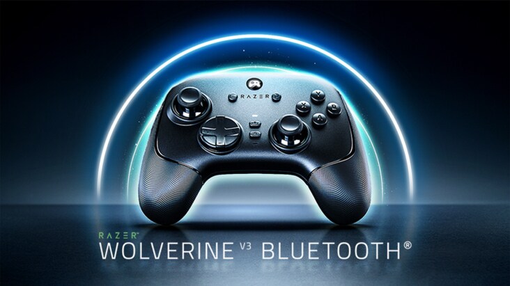 The image displays LG Razer Wolverine Bluetooth controller on a dark background, surrounded by a glowing blue circle, highlighting the product name prominently underneath.