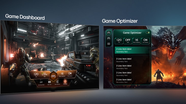 LG Game Dashboard and Optimizer shows side-by-side game screens and an on-screen menu for adjusting gameplay settings such as refresh rate, latency, and visual modes in real time.