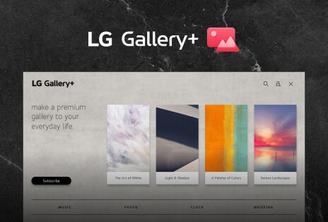 LG Gallery+ interface features a stylish gray background, showcasing a grid of curated artworks and visuals, emphasizing a clean and organized layout for easy browsing.