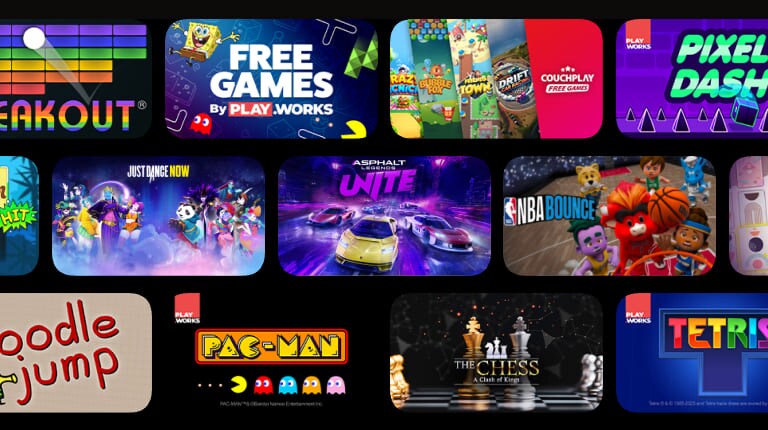 Various casual game thumbnails arranged in three rows on LG TV, offering hundreds of easy-to-play free games ideal for solo or multiplayer fun using just the remote control.