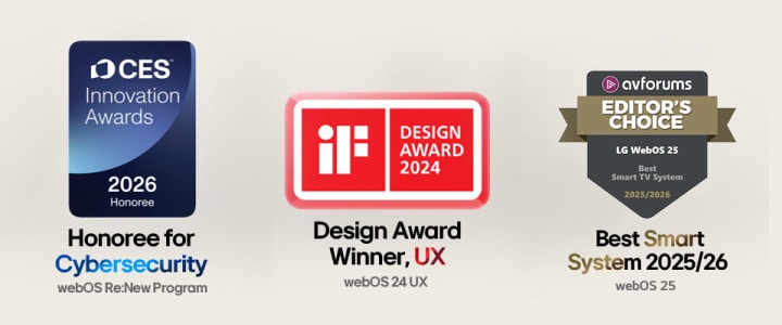 Award logos including CES, iF Design Award, and AVForums Editors' Choice