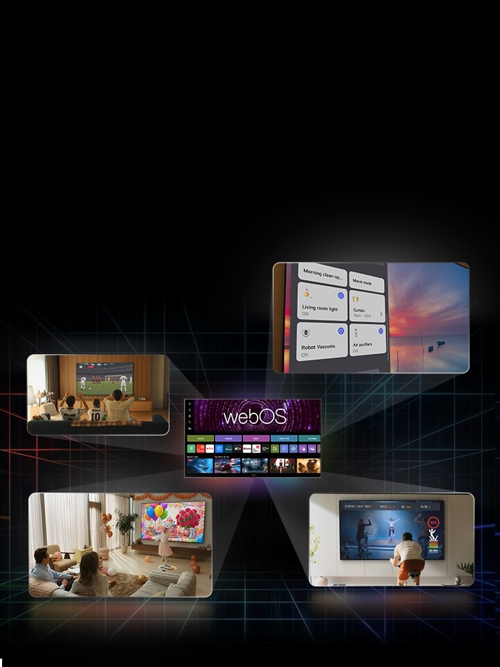 LG AI TV image includes a central webOS main interface with multiple user activities and varied content displayed around it, highlighting its functionality.