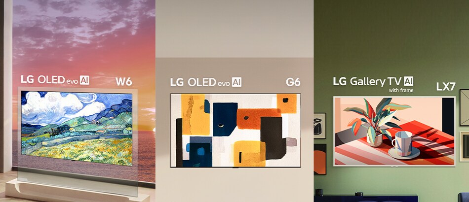 LG ART TV toont een assortiment LG OLED evo AI W6 Wallpaper TV, LG OLED evo AI G6 en LG Gallery TV met frame LX7 ART TV, elk met kunstwerken in diverse interieurs en het integreren van galeriestijl in huisruimtes.