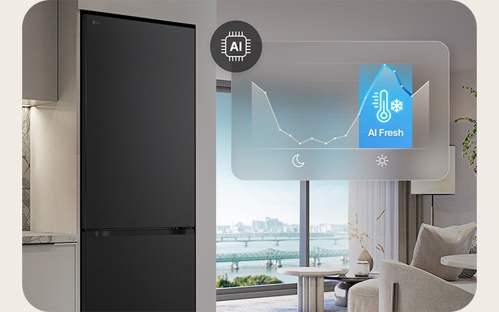 LG koel- vriescombinatie (GBBS322CEV) naast lichtgrijze kasten in leefruimte met uitzicht op de rivier bedekt met grafiek en AI Fresh-pictogram