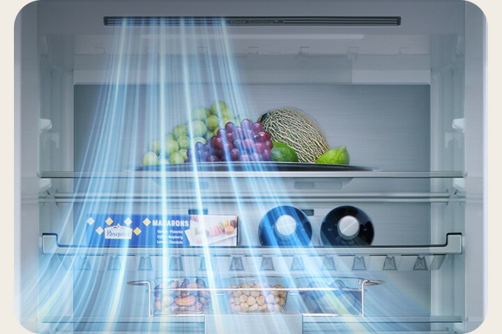 LG koel- vriescombinatie (GBBS322CEV) binnenaanzicht met planken met fruit, groenten, dranken en snacks met blauwe luchtstroomlijnen vanaf de linkerkant