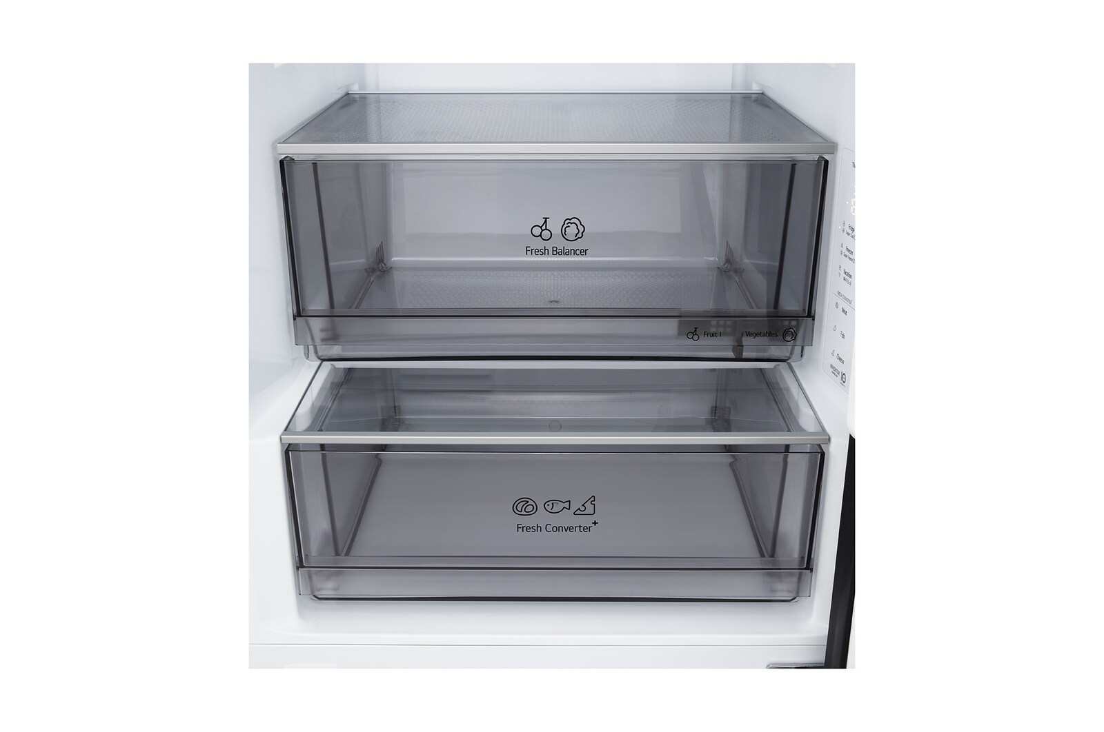 LG koelkast met vriezer (GBBS322CEV) plank gemarkeerd in blauw met pijlen omhoog en omlaag. De afbeelding rechts toont een uitgeklapte plank met twee waterflessen.