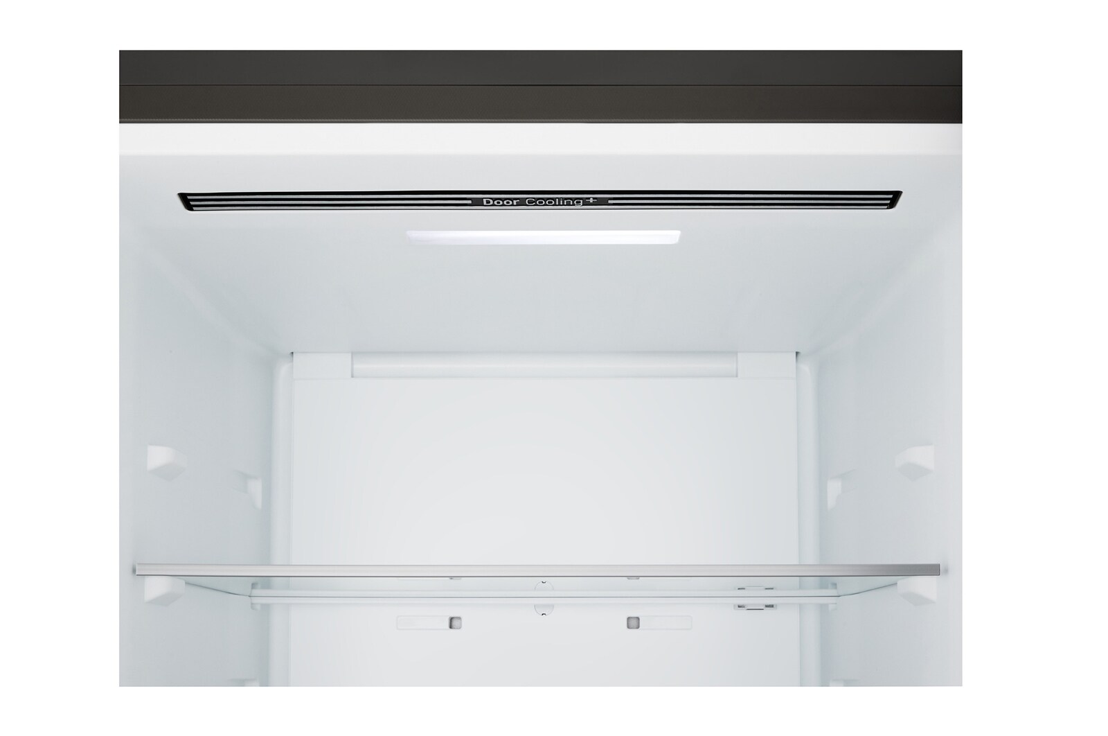 LG koel-vriescombinatie (GBBS322CEV) close-up van een wijnrek met vier flessen en een doos macarons, waarbij het rekontwerp vergroot is in een cirkelvormige afbeelding