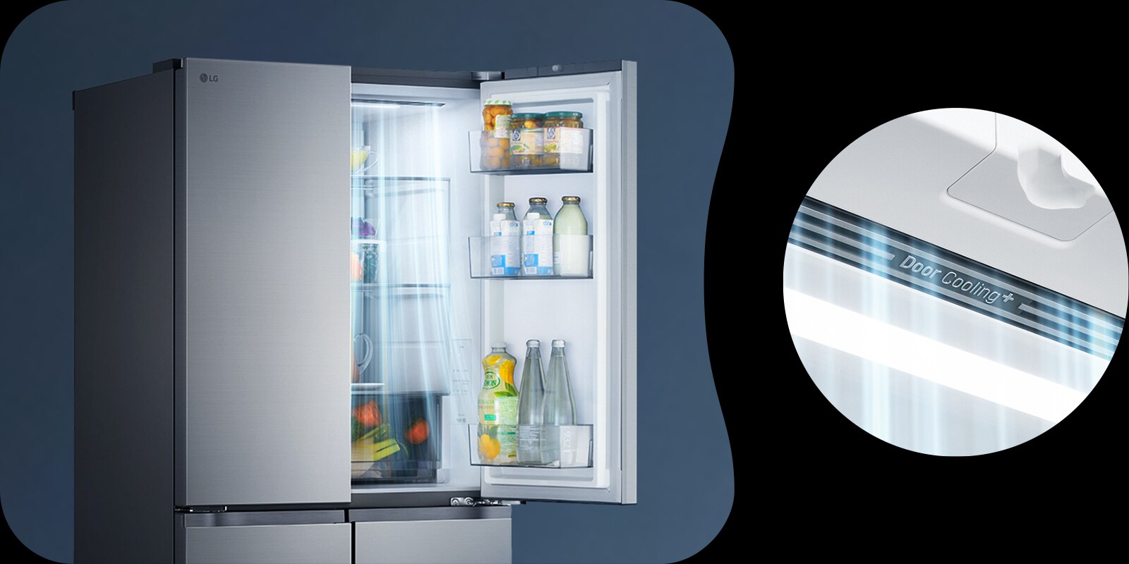 Close up view of the flat door design of an LG refrigerator with a real steel finish.