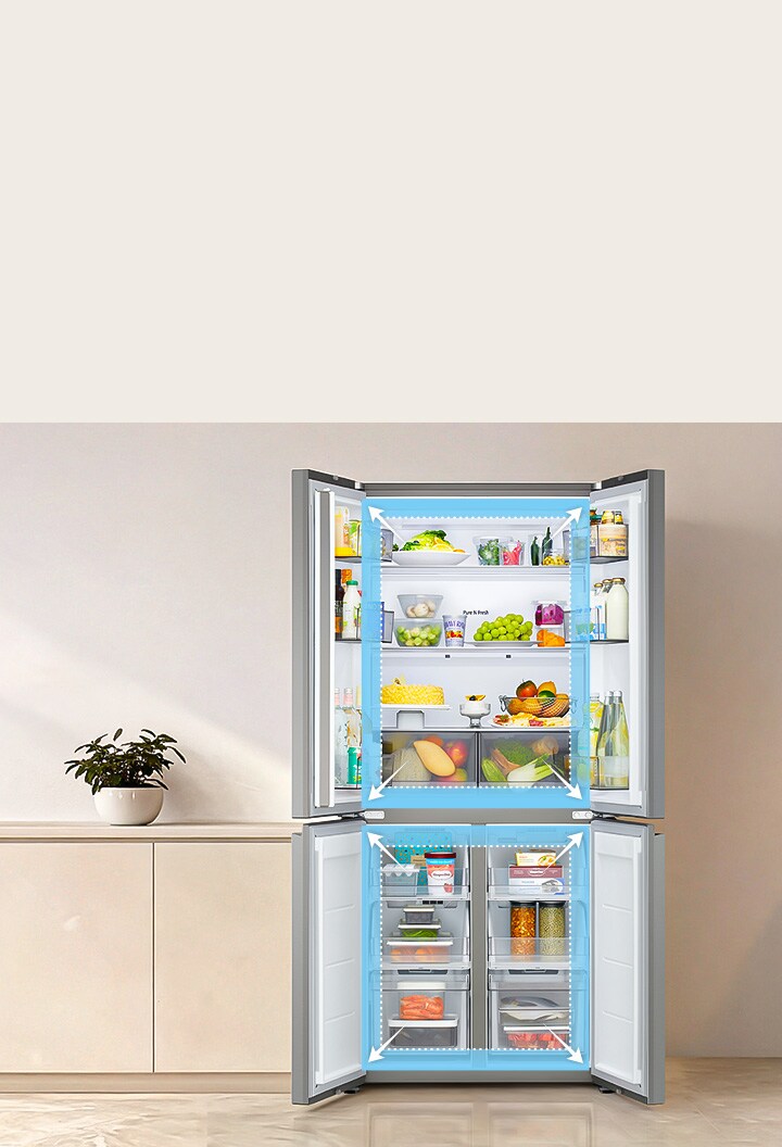 Close up view of the flat door design of an LG refrigerator with a real steel finish.