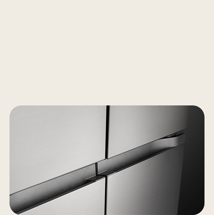 Close up view of the flat door design of an LG refrigerator with a real steel finish.