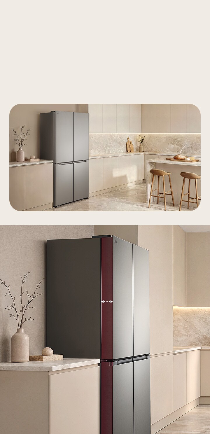 Angled view of an LG refrigerator with a thin door design in a modern kitchen interior.