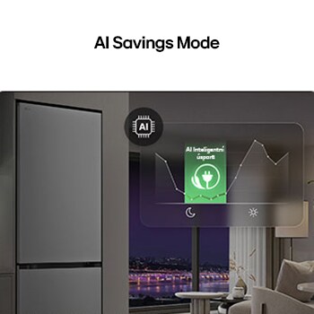 LG-bodemvriezer (gbbs726cpy) in een woonruimte met nachtelijk uitzicht op de stad met graphic voor de AI-besparingsstand en fluctuerende energiegrafiek