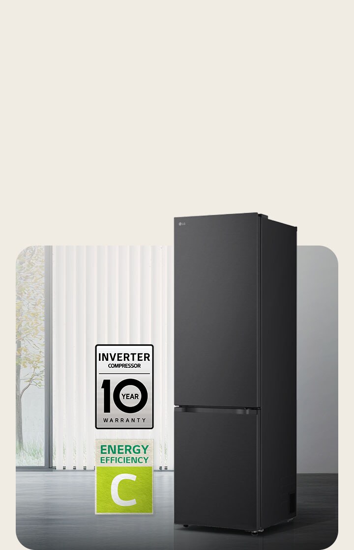 Vooraanzicht LG bodemvriezer GBBS726CEV met 10 jaar compressorgarantie en energieklasse C.