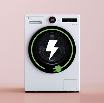 De LG was‑droogcombinatie toont een groen energie‑icoon met bliksemsymbool in de trommel.