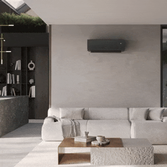 LG airconditioner met een premium ontwerp die naadloos integreert in een stijlvolle woonkamer en de ruimte koelt met een strakke, moderne uitstraling.