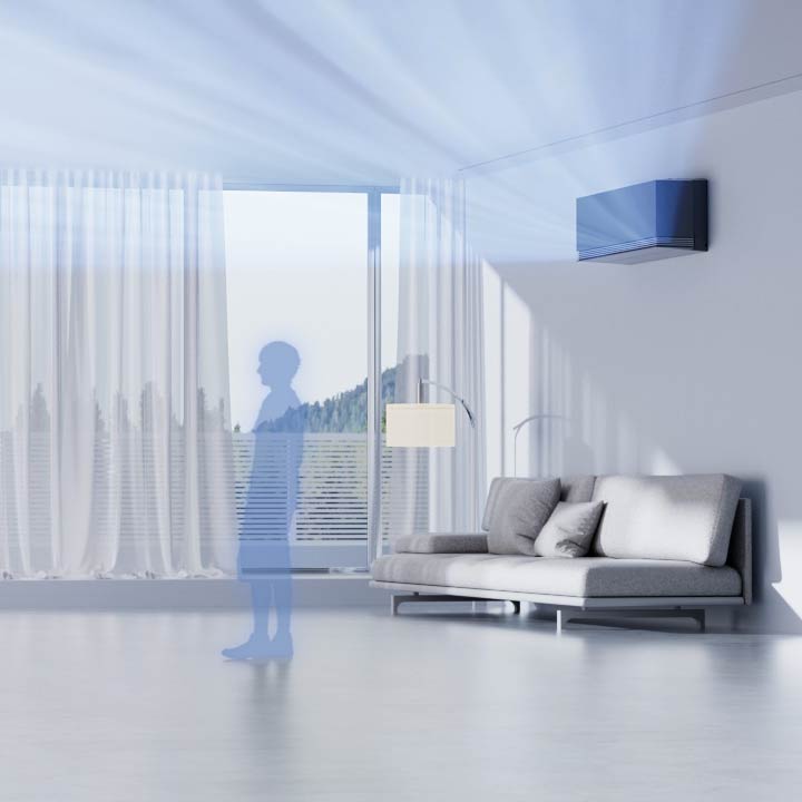 LG airconditioner in een woonkamer met afwezigheidsdetectie, die geen bewoners detecteert en de werking automatisch stopt.
