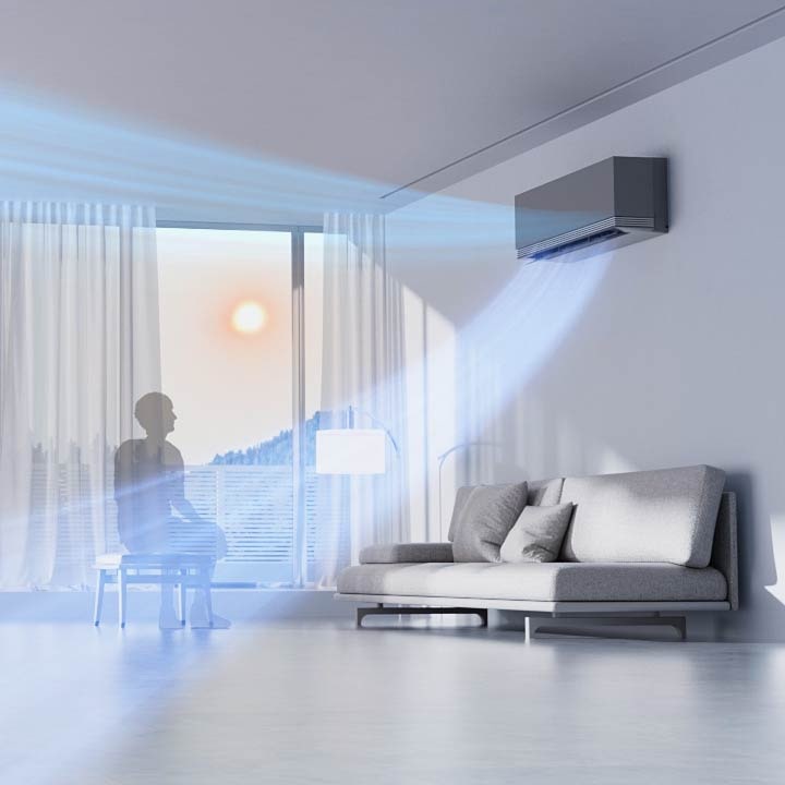 LG airconditioner in een woonkamer maakt gebruik van een radarsensor om de luchtstroomrichting aan te passen op basis van de temperatuur.