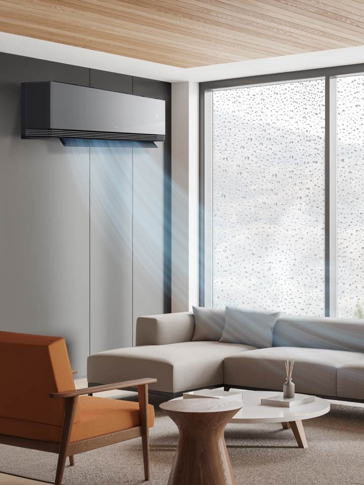 LG airconditioner met Comfort Humidity Control past de luchtstroom aan, werkt krachtig bij 80% luchtvochtigheid en vermindert bij 60%.
