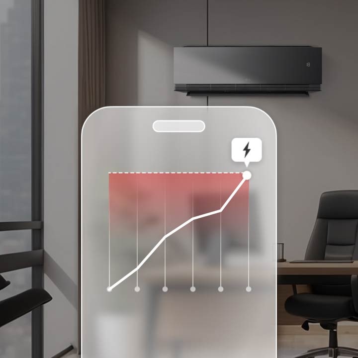 LG airconditioner met kW Manager die meldingen verstuurt via de LG ThinQ-app wanneer de maximale vermogenslimiet is bereikt.