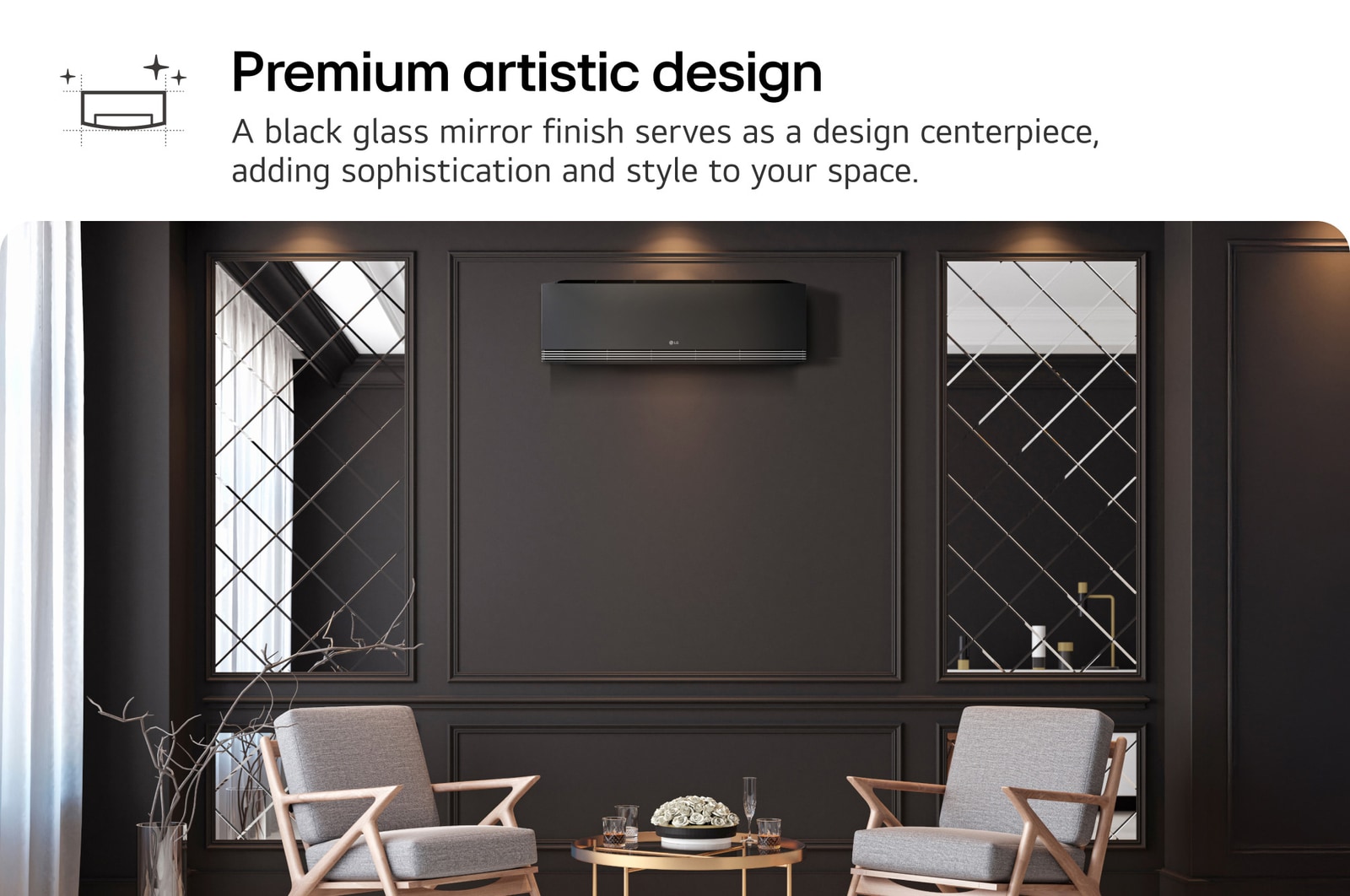 A modern space with a black LG air conditioner on a dark wall, mirrored panels, and elegant seating. Text reads 'Premium artistic design: A black glass mirror finish serves as a design centerpiece, adding style and sophistication.'