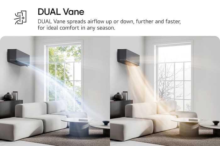 LG Dual Vane air conditioner shown in a living room. Cool air flows upward on the left, warm air downward on the right. The accompanying text reads: 'DUAL Vane spreads airflow up or down, further and faster, for ideal comfort in any season.'