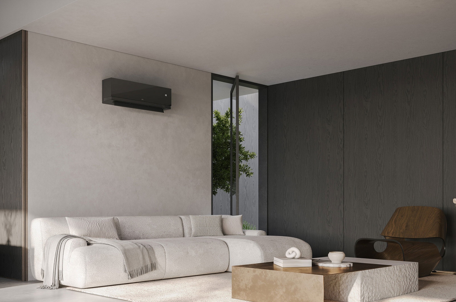 Modern living room with LG air conditioner on the wall