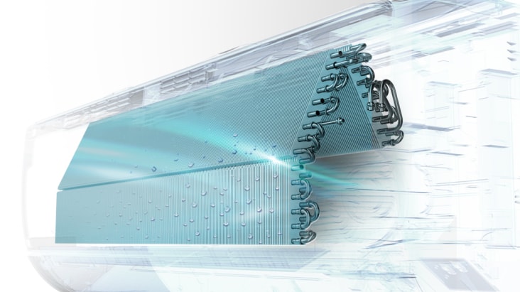 Illustratie van de warmtewisselaar van een airconditioner met Auto Clean+ voor verbeterde luchtstroom en vochtverwijdering.