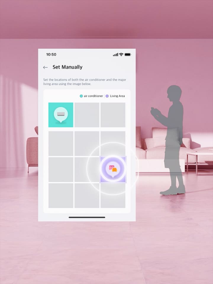 LG airconditioner met AI Air detecteert de kamertemperatuur en jouw locatie, en past de luchtstroom aan om de ingestelde temperatuur te behouden.