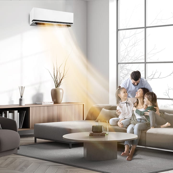 Warme lucht stroomt uit de wandgemonteerde warmtepomp terwijl het gezin samenkomt in een gezellige woonkamer en van de tijd samen geniet.