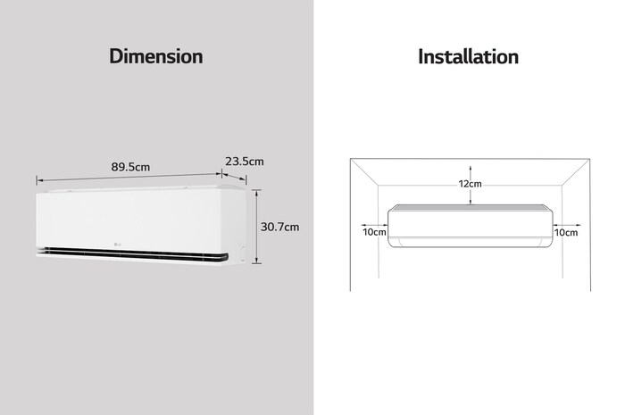 Image showing LG air conditioner dimensions and installation guidelines. Dimensions: 89.5cm width, 23.5cm depth, and 30.7cm height. Installation: Requires 10cm clearance on both sides, 12cm above.