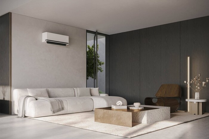 Modern living room with LG air conditioner on the wall