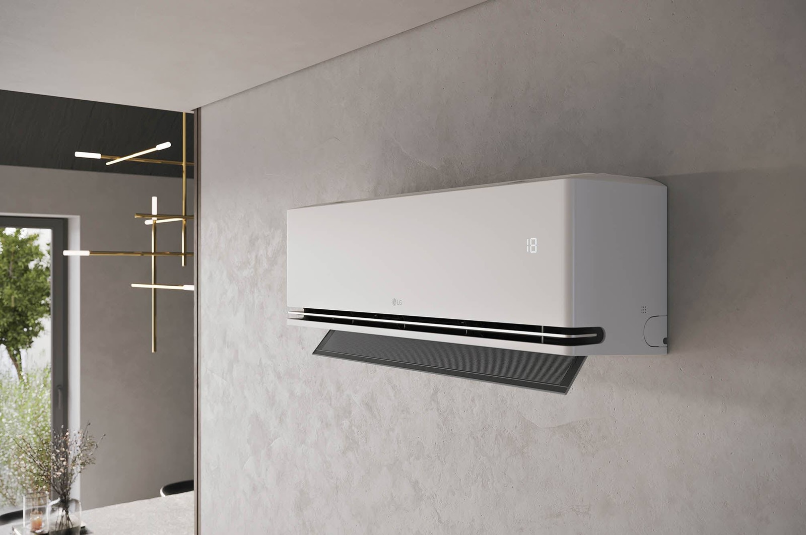 LG ai air conditioner with open vane displaying 18°C