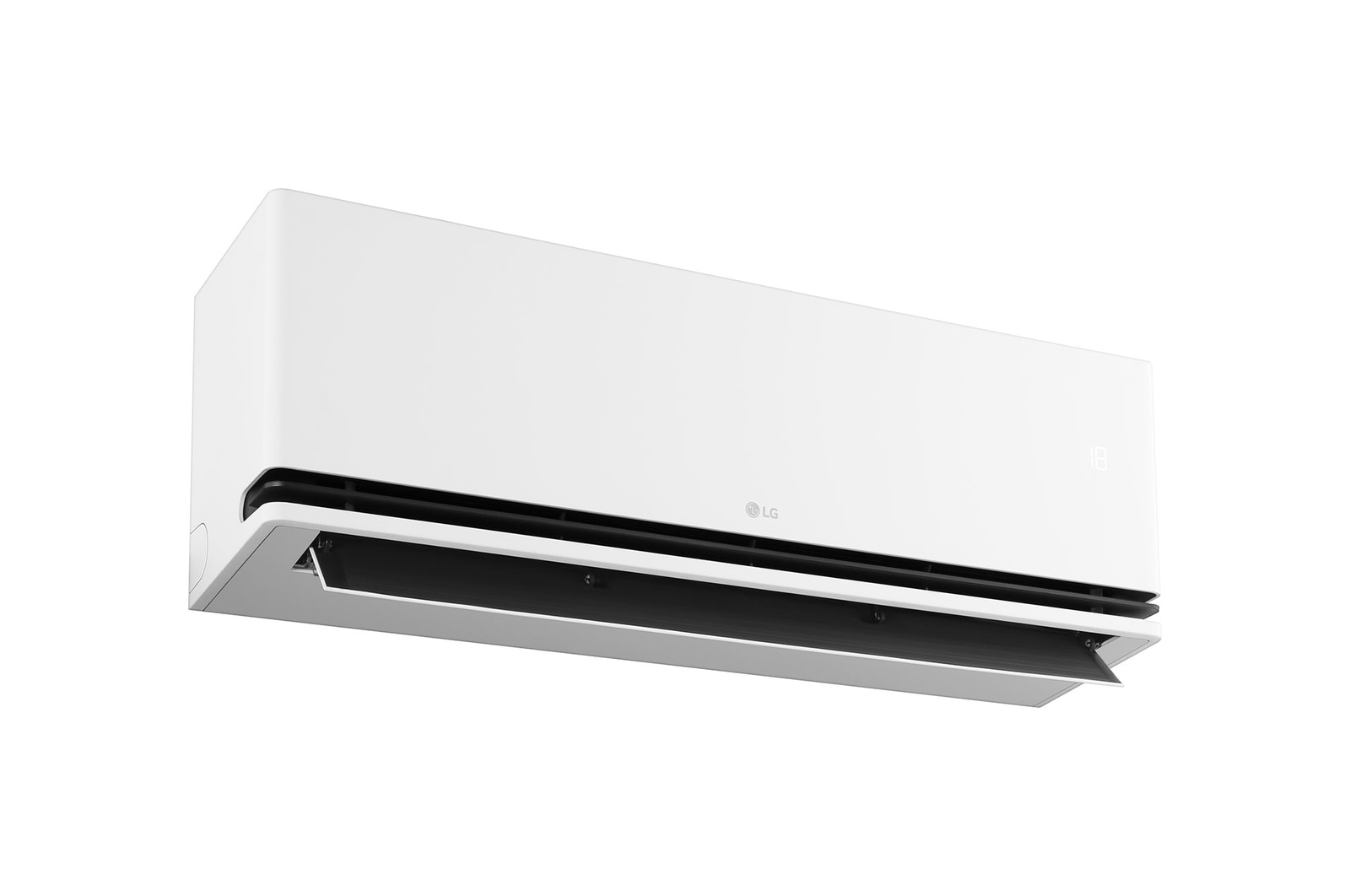 Left low-angle front view of LG ai air conditioner with open lower vane
