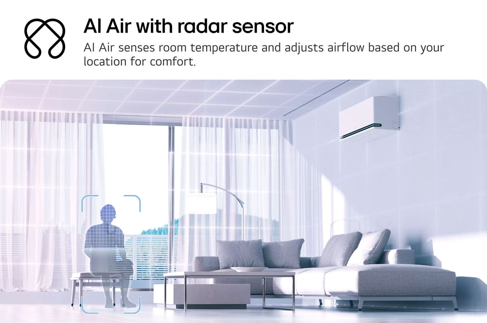 Illustratie van LG AI Air-technologie in een woonkamer met een wandgemonteerde airconditioner. Het systeem past de luchtstroom aan door de kamertemperatuur en de locatie van de gebruiker te detecteren. De begeleidende tekst luidt:   ‘AI Air met radarsensor: AI Air detecteert de kamertemperatuur en past de luchtstroom aan op basis van jouw locatie voor optimaal comfort.’