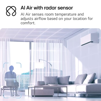 Illustratie van LG AI Air-technologie in een woonkamer met een wandgemonteerde airconditioner. Het systeem past de luchtstroom aan door de kamertemperatuur en de locatie van de gebruiker te detecteren. De begeleidende tekst luidt:   ‘AI Air met radarsensor: AI Air detecteert de kamertemperatuur en past de luchtstroom aan op basis van jouw locatie voor optimaal comfort.’