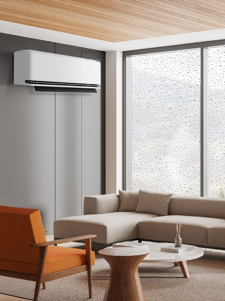 LG airconditioner met Comfort Humidity Control past de luchtstroom aan, werkt krachtig bij 80% luchtvochtigheid en vermindert bij 60%.