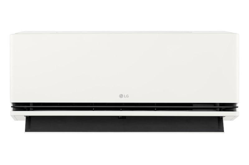 Vooraanzicht van een LG airconditioner met de onderste luchtklep geopend.
