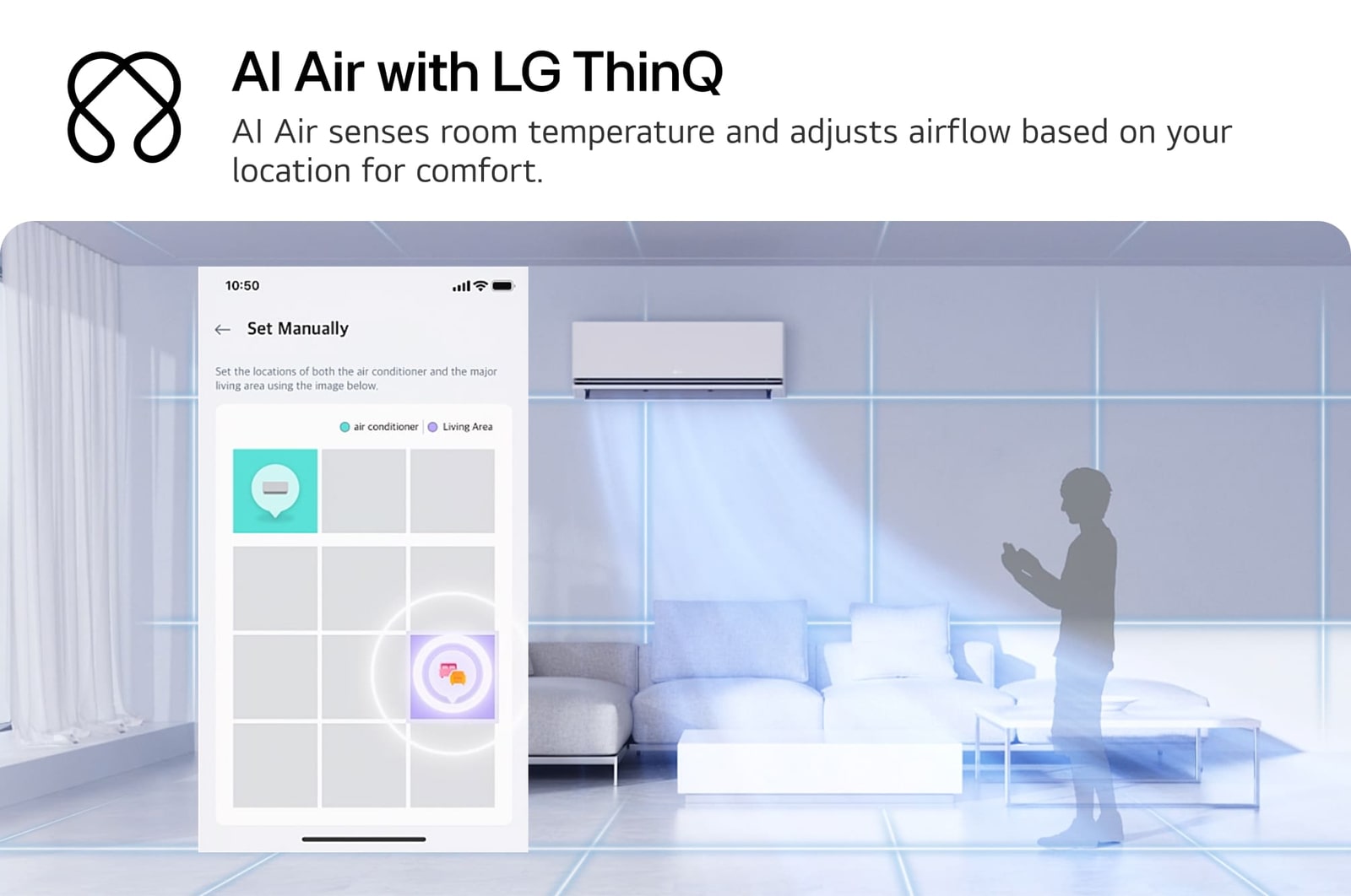 Illustratie van LG AI Air-technologie in een woonkamer met een wandgemonteerde airconditioner. Het systeem past de luchtstroom aan door de kamertemperatuur en de locatie van de gebruiker te detecteren. De begeleidende tekst luidt: ‘AI Air met LG ThinQ: AI Air detecteert de kamertemperatuur en past de luchtstroom aan op basis van jouw locatie voor optimaal comfort.’