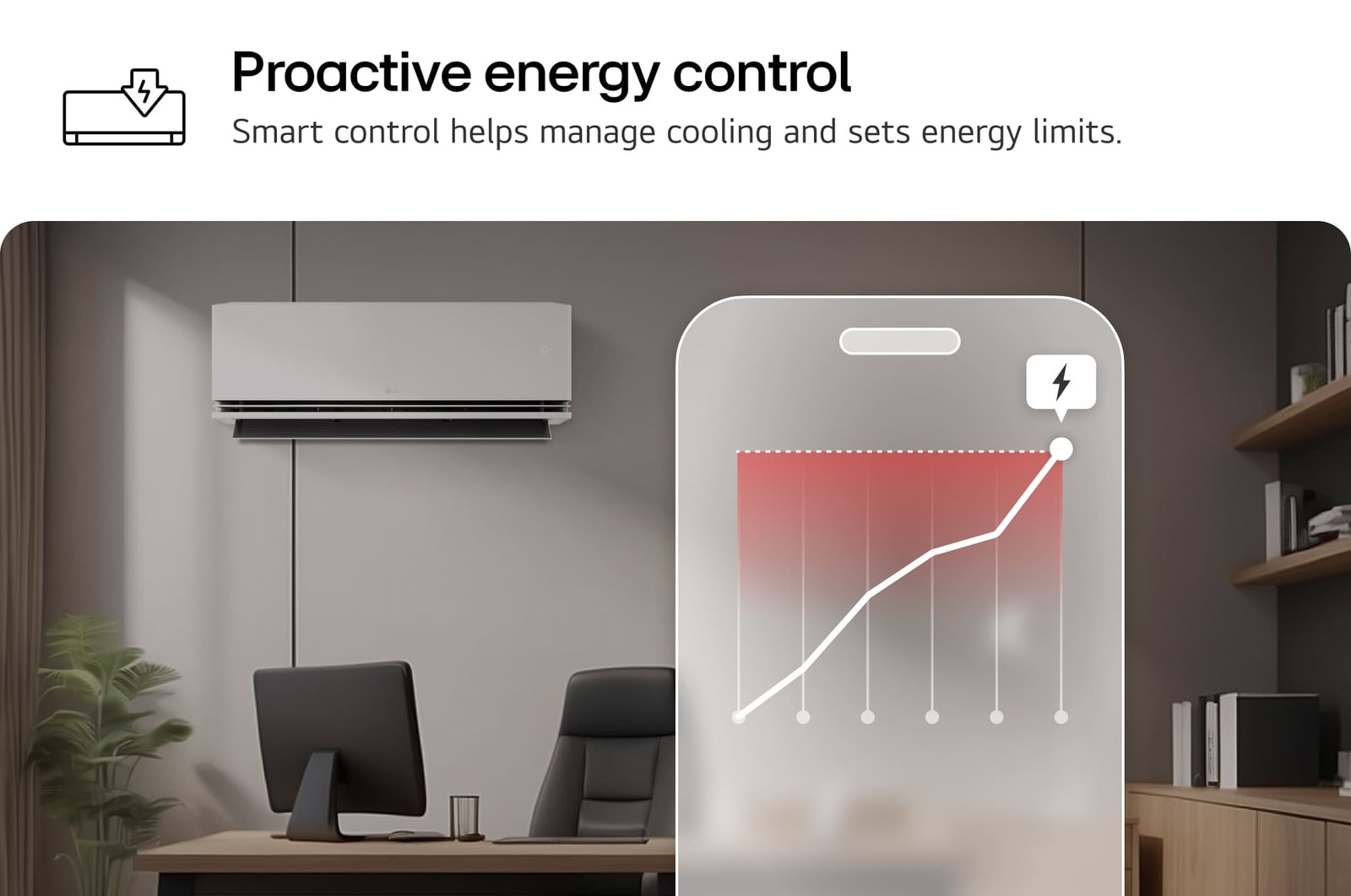 LG air conditioner with Proactive Energy Control feature. A smartphone shows an energy graph with a red alert, managing cooling and limits. Text: 'Proactive energy control. Smart control helps manage cooling and sets energy limits.'