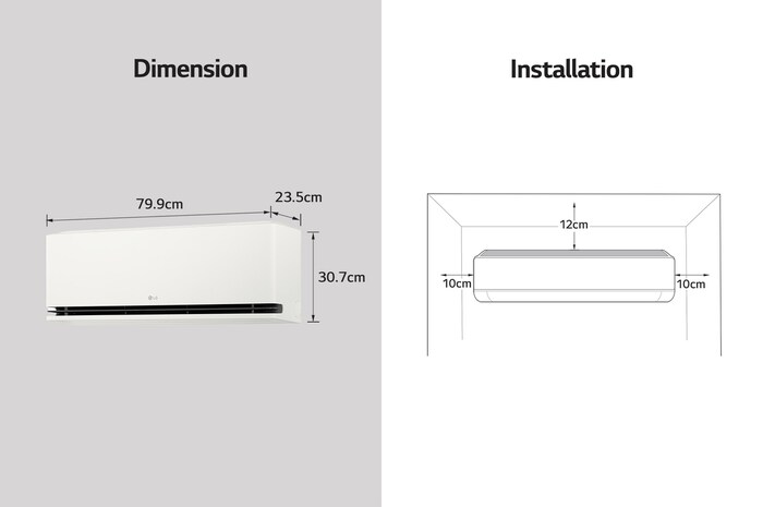 Afbeelding met de afmetingen en installatie-instructies van de LG airconditioner. Afmetingen: 79,9 cm breed, 23,5 cm diep en 30,7 cm hoog. Installatie: Vereist 10 cm vrije ruimte aan beide zijden en 12 cm erboven.
