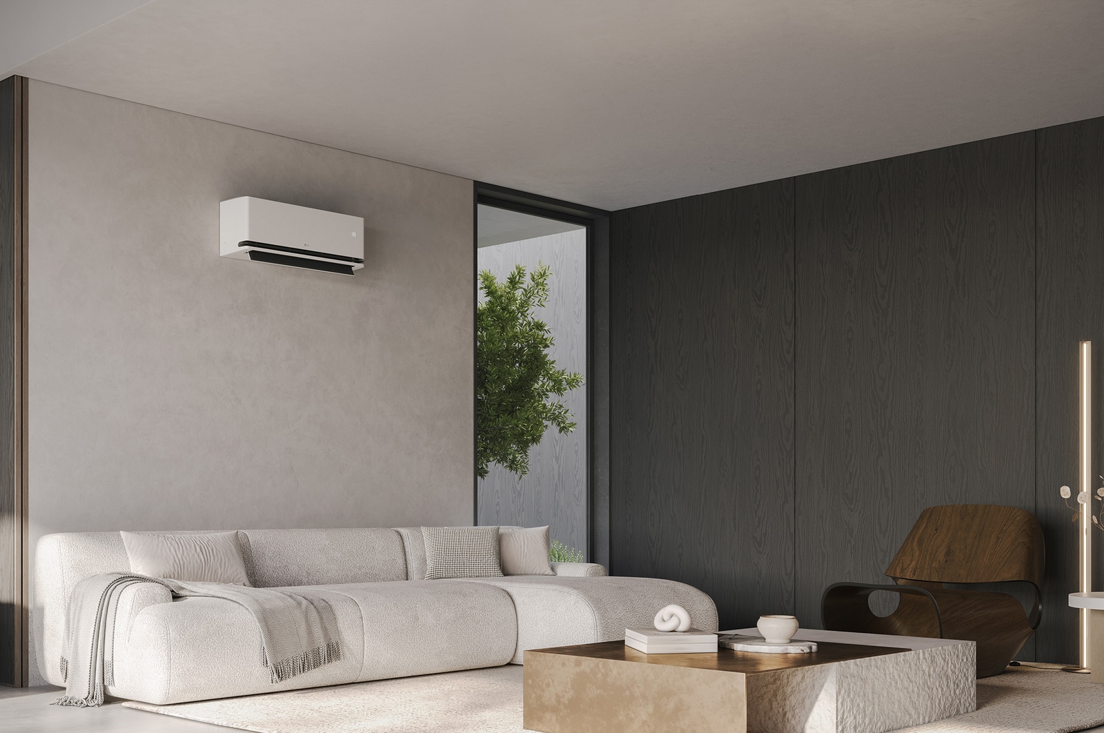 Moderne woonkamer met een LG airconditioner aan de muur.