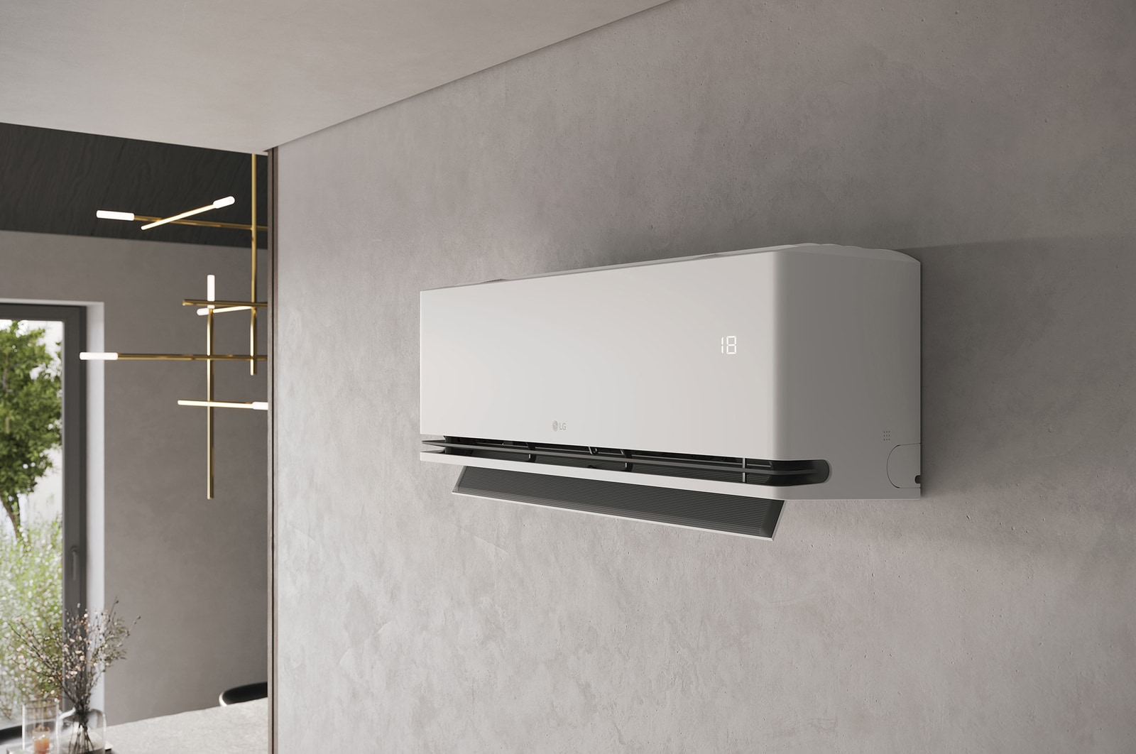 LG AI airconditioner met open luchtklep, waarop 18°C wordt weergegeven.