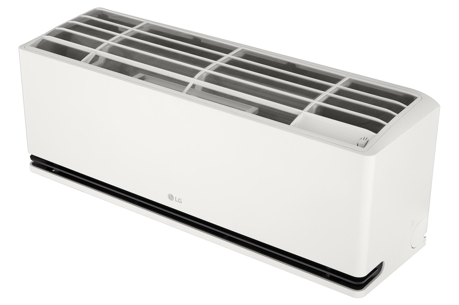 Schuin bovenaanzicht van de LG AI airconditioner, waarbij het bovenpaneel en de rooster zichtbaar zijn.