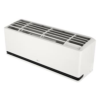 Schuin bovenaanzicht van de LG AI airconditioner, waarbij het bovenpaneel en de rooster zichtbaar zijn.