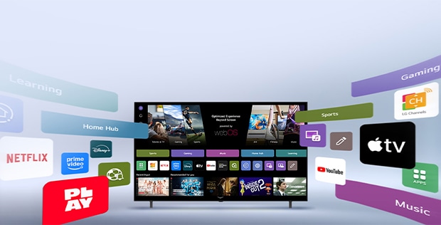 LG Smart TV met het webOS-startscherm met entertainment-apps en LG Channels gebruikersinterface-elementen die op dynamische vermenigvuldigen, waardoor uiteindelijk meer dan 4000 wereldwijde apps en kanalen worden getoond.