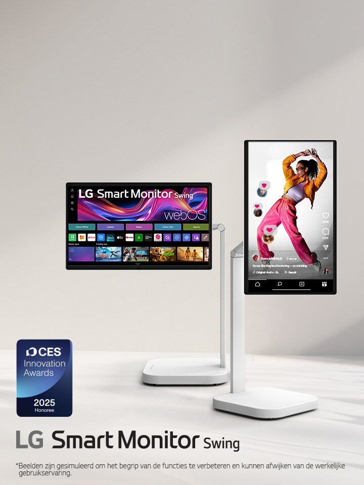 Twee LG Smart Monitor Swing-schermen zijn weergegeven in een minimalistische ruimte. Het ene scherm is horizontaal geplaatst en toont de webOS-interface, terwijl het andere verticaal is georiënteerd en een lifestyle-afbeelding toont. Het CES Innovation Awards 2025-embleem is zichtbaar in de hoek, naast de LG Smart Monitor Swing-branding.