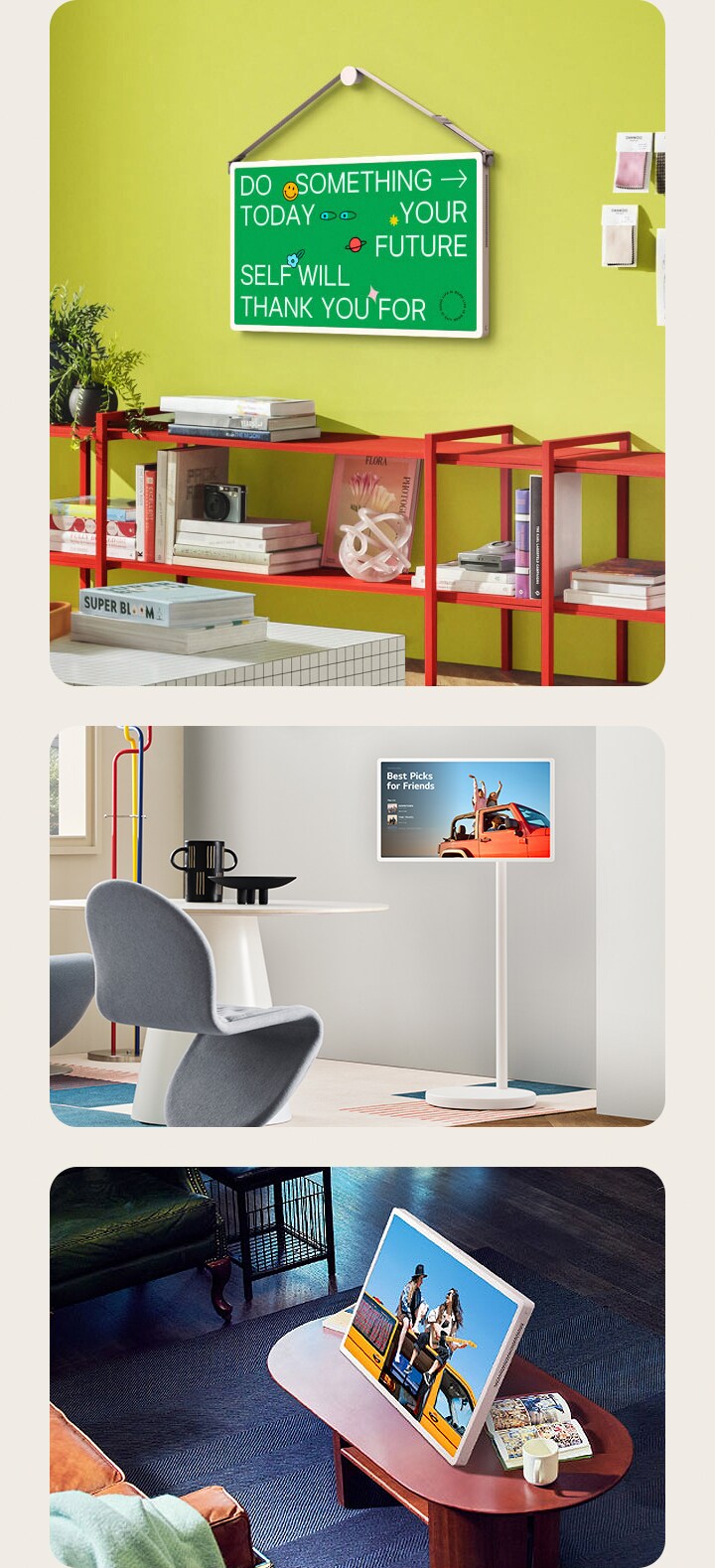 De LG StanbyME 2 LX6 Movable Screen toont een collage met één scherm op een standaard naast een tafel in een presentatieomgeving en een ander scherm op een opvouwbare vloerstandaard met content, wat het flexibele gebruik in verschillende situaties illustreert.