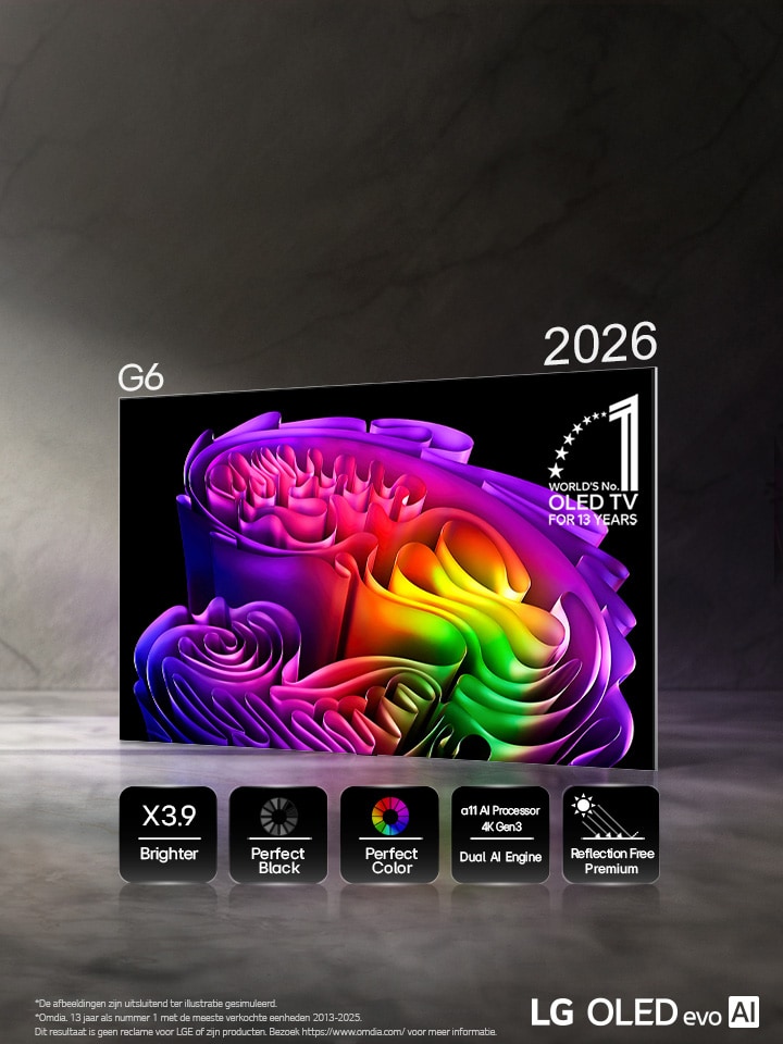 Een LG OLED evo AI G6, aangedreven door Hyper Radiant Color Tech, geeft een levendig abstract beeld van papierkunst weer op het scherm, met pictogrammen voor 3,9 keer helderdere piekhelderheid, perfect zwart, perfecte kleuren, alpha 11 AI-processor 4K Gen3 Dual AI Engine en Reflection Free Premium.